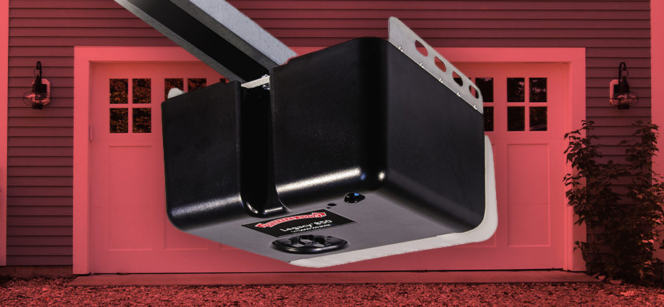 overhead door garage door opener on background of garage door with red overlay